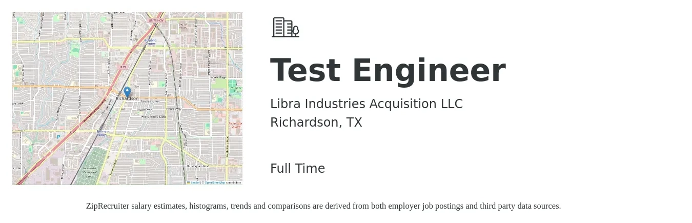 Libra Industries Acquisition LLC job posting for a Test Engineer in Richardson, TX with a salary of $31 to $49 Hourly with a map of Richardson location.