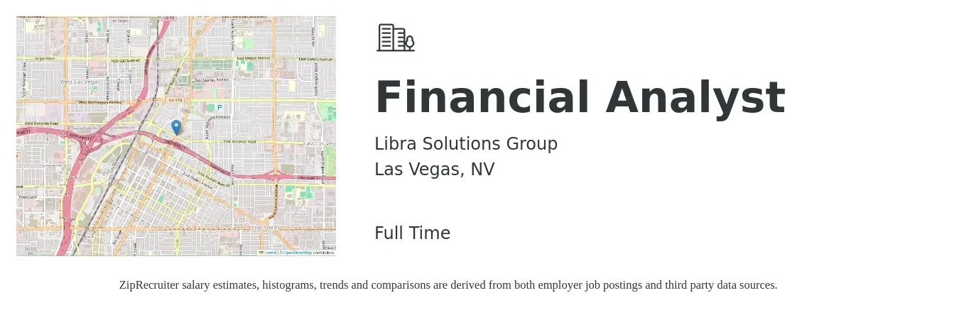 Libra Solutions Group job posting for a Financial Analyst in Las Vegas, NV with a salary of $66,900 to $105,600 Yearly with a map of Las Vegas location.