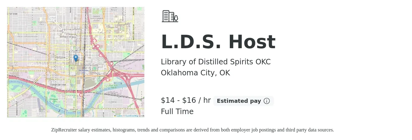 Library of Distilled Spirits OKC job posting for a L.D.S. Host in Oklahoma City, OK with a salary of $15 to $17 Hourly with a map of Oklahoma City location.