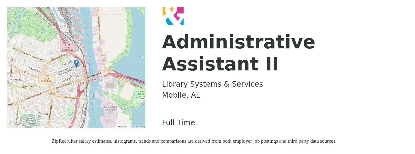 Library Systems & Services job posting for a Administrative Assistant II in Mobile, AL with a salary of $18 to $24 Hourly with a map of Mobile location.