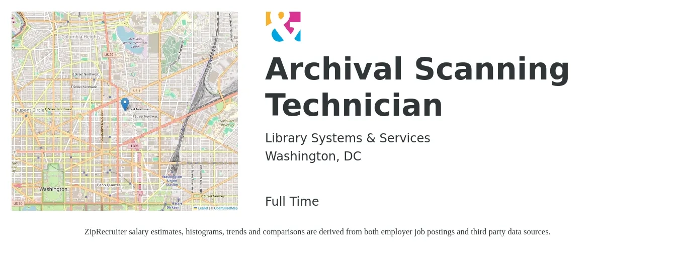 Library Systems & Services job posting for a Archival Scanning Technician in Washington, DC with a salary of $61,700 to $94,600 Yearly with a map of Washington location.