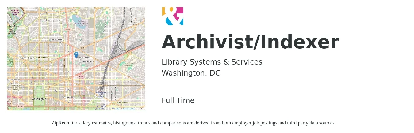 Library Systems & Services job posting for a Archivist/Indexer in Washington, DC with a salary of $61,700 to $94,600 Yearly with a map of Washington location.