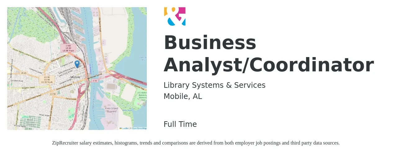 Library Systems & Services job posting for a Business Analyst/Coordinator in Mobile, AL with a salary of $37 to $61 Hourly with a map of Mobile location.