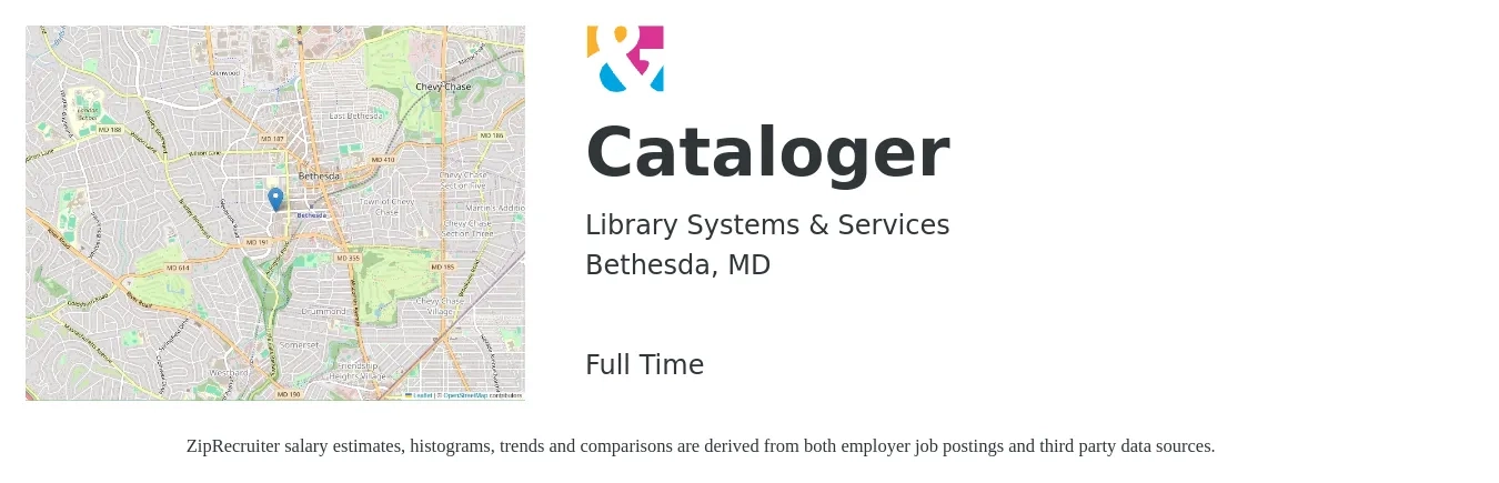 Library Systems & Services job posting for a Cataloger in Bethesda, MD with a salary of $23 to $28 Hourly with a map of Bethesda location.