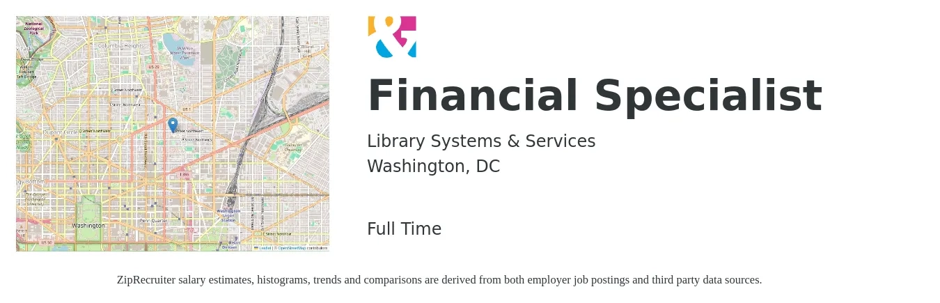 Library Systems & Services job posting for a Financial Specialist in Washington, DC with a salary of $61,200 to $106,500 Yearly with a map of Washington location.