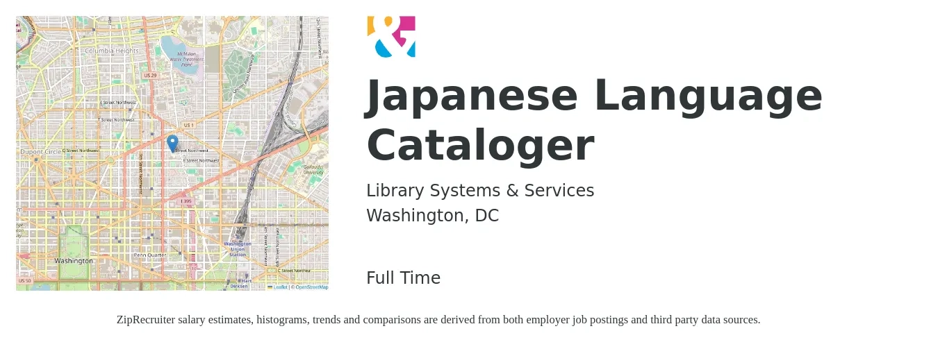 Library Systems & Services job posting for a Japanese Language Cataloger in Washington, DC with a salary of $25 to $33 Hourly with a map of Washington location.