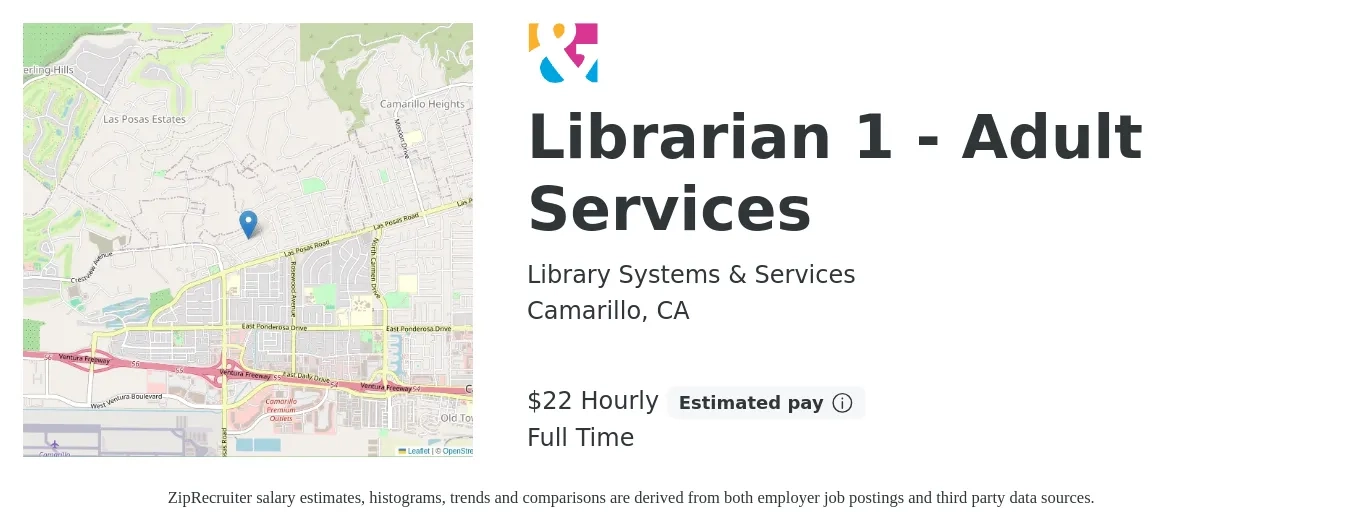Library Systems & Services job posting for a Librarian 1 - Adult Services in Camarillo, CA with a salary of $23 Hourly with a map of Camarillo location.