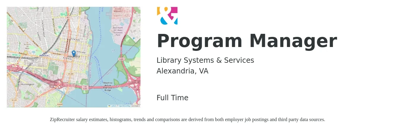 Library Systems & Services job posting for a Program Manager in Alexandria, VA with a salary of $85,100 to $141,800 Yearly with a map of Alexandria location.