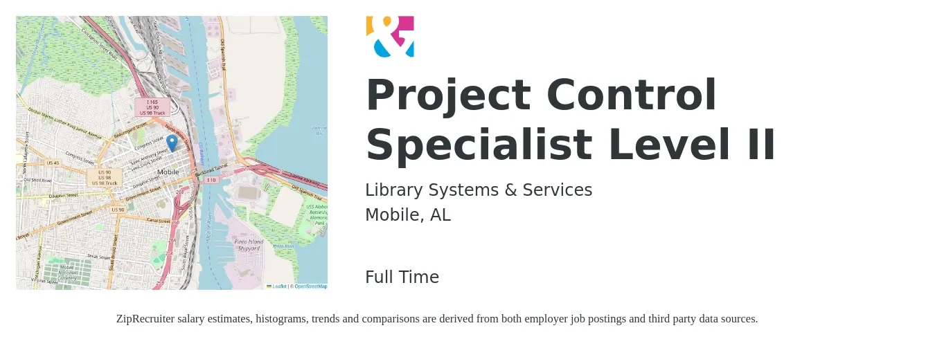 Library Systems & Services job posting for a Project Control Specialist Level II in Mobile, AL with a salary of $37 to $52 Hourly with a map of Mobile location.