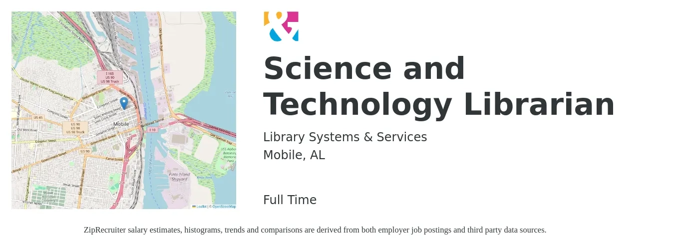 Library Systems & Services job posting for a Science and Technology Librarian in Mobile, AL with a salary of $51,300 to $74,700 Yearly with a map of Mobile location.