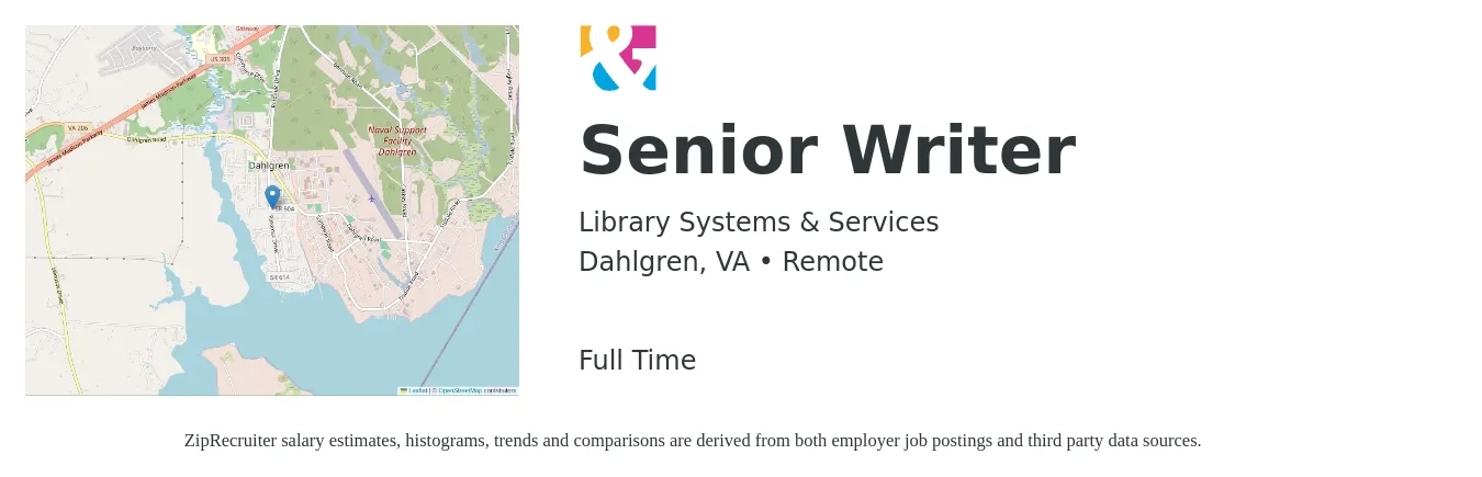 Library Systems & Services job posting for a Senior Writer in Dahlgren, VA with a salary of $72,400 to $103,000 Yearly with a map of Dahlgren location.