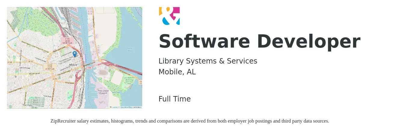 Library Systems & Services job posting for a Software Developer in Mobile, AL with a salary of $89,600 to $129,400 Yearly with a map of Mobile location.