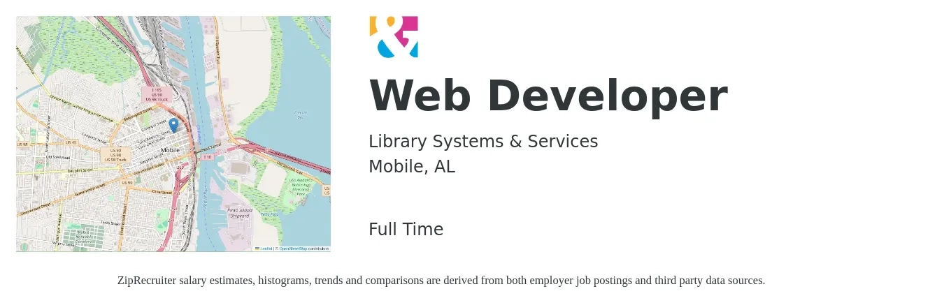 Library Systems & Services job posting for a Web Developer in Mobile, AL with a salary of $36 to $56 Hourly with a map of Mobile location.