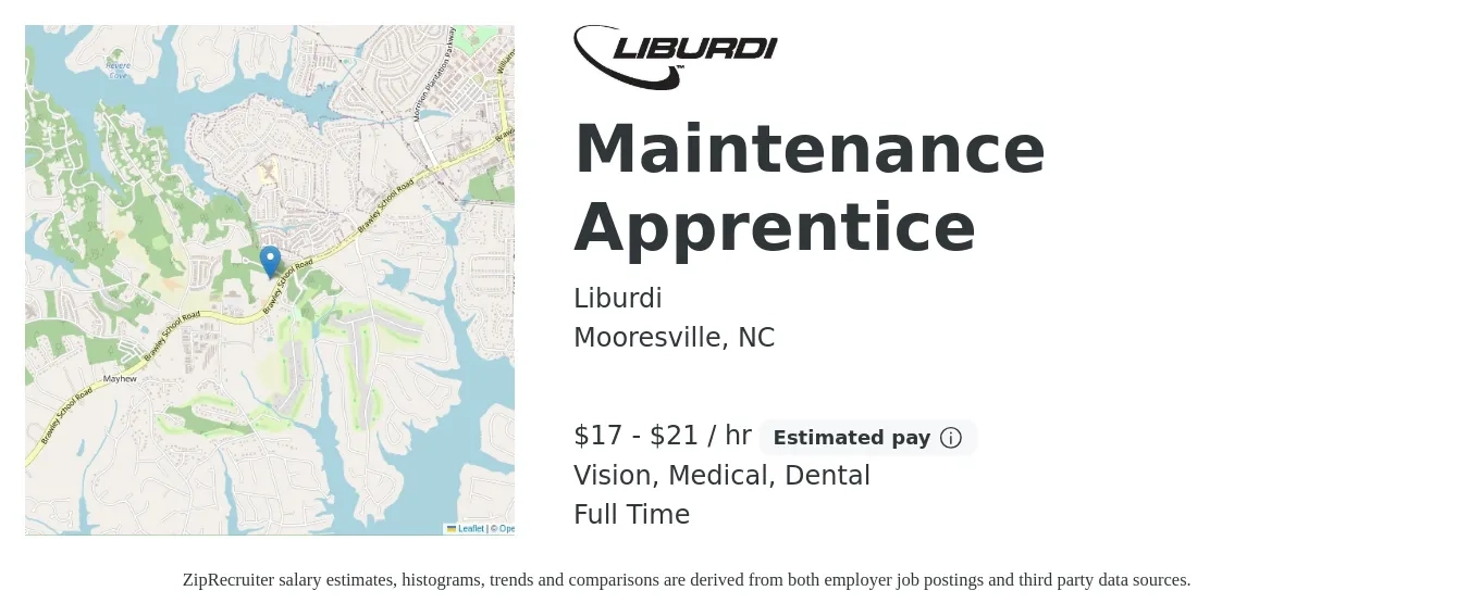 Liburdi job posting for a Maintenance Apprentice in Mooresville, NC with a salary of $18 to $22 Hourly and benefits including retirement, vision, dental, life_insurance, and medical with a map of Mooresville location.