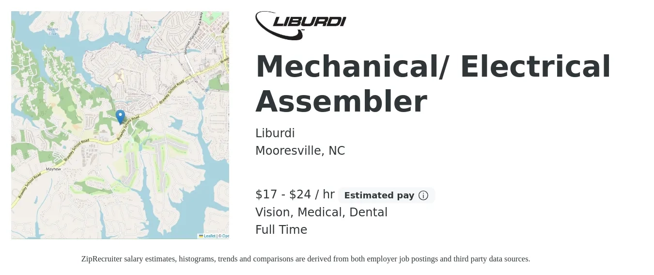 Liburdi job posting for a Mechanical/ Electrical Assembler in Mooresville, NC with a salary of $18 to $25 Hourly and benefits including dental, life_insurance, medical, retirement, and vision with a map of Mooresville location.