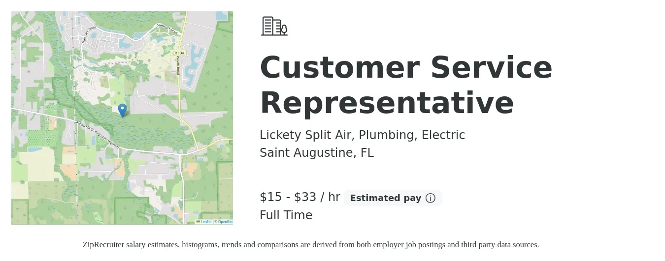 Lickety Split Air, Plumbing, Electric job posting for a Customer Service Representative in Saint Augustine, FL with a salary of $14 to $19 Hourly with a map of Saint Augustine location.