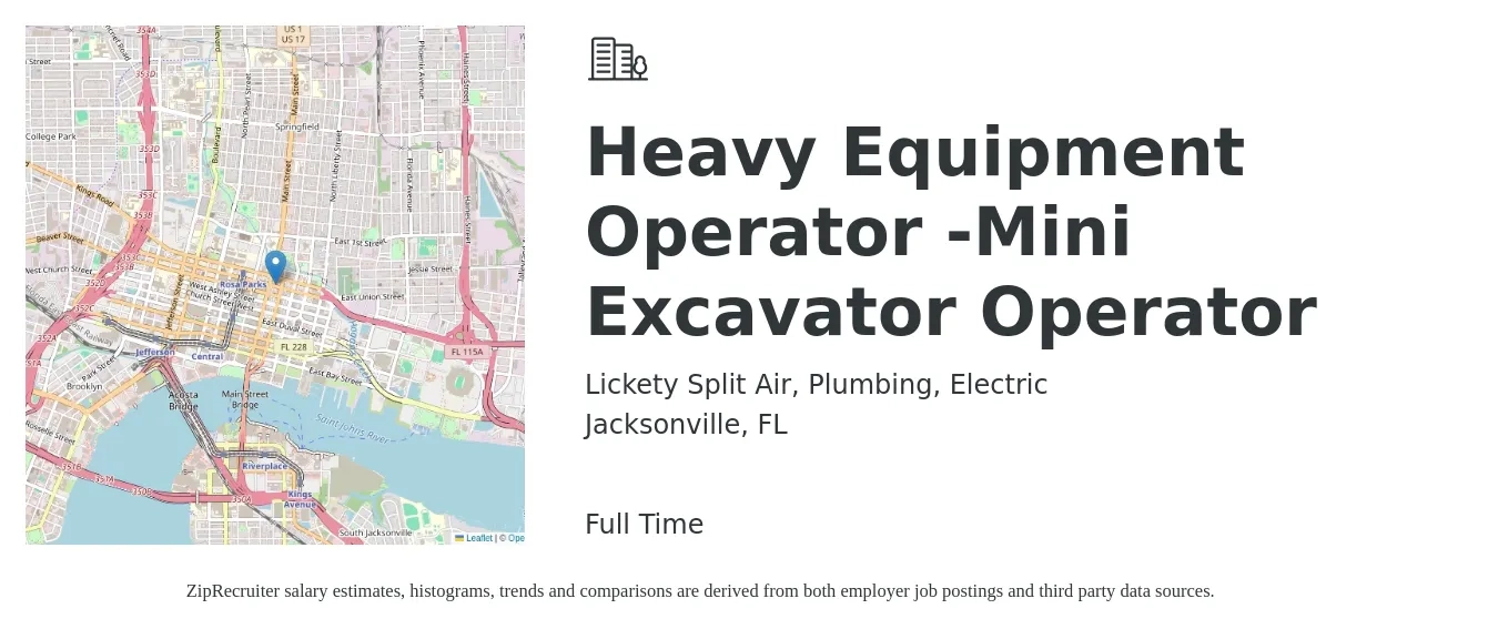 Lickety Split Air, Plumbing, Electric job posting for a Heavy Equipment Operator -Mini Excavator Operator in Jacksonville, FL with a salary of $18 to $25 Hourly with a map of Jacksonville location.