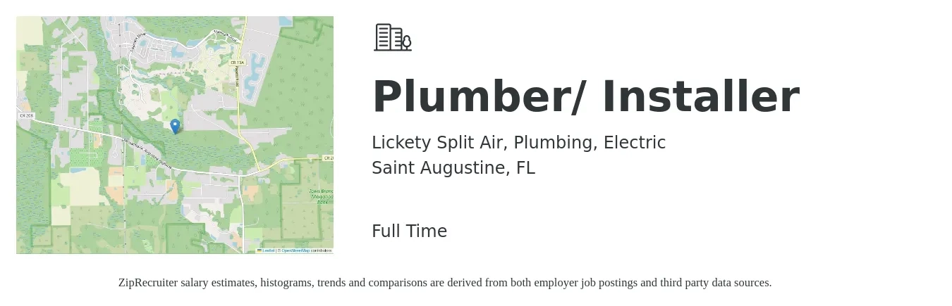Lickety Split Air, Plumbing, Electric job posting for a Plumber/ Installer in Saint Augustine, FL with a salary of $22 to $32 Hourly with a map of Saint Augustine location.
