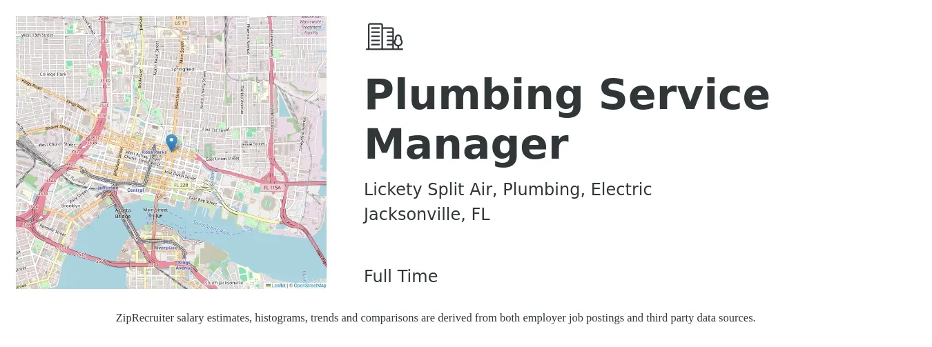 Lickety Split Air, Plumbing, Electric job posting for a Plumbing Service Manager in Jacksonville, FL with a salary of $23 to $34 Hourly with a map of Jacksonville location.