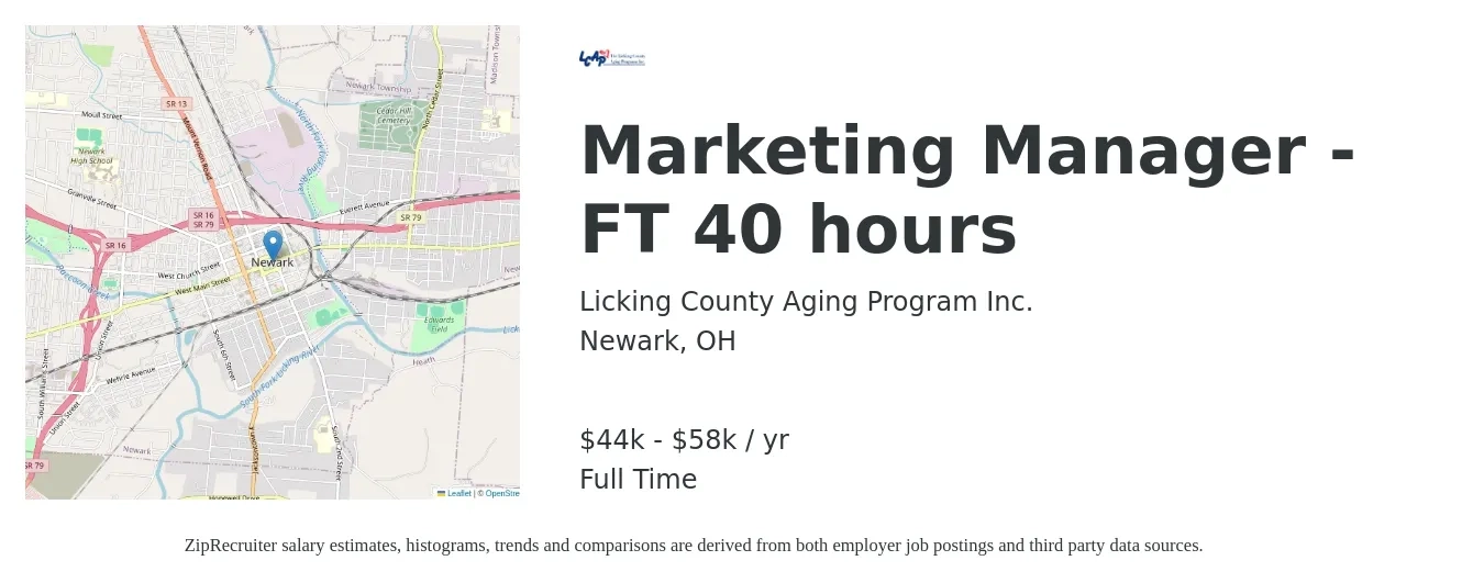 Licking County Aging Program Inc. job posting for a Marketing Manager - FT 40 hours in Newark, OH with a salary of $44,720 to $58,240 Yearly with a map of Newark location.
