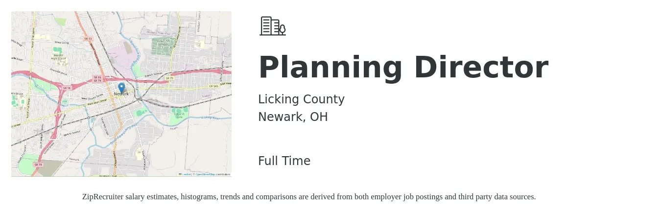 Licking County job posting for a Planning Director in Newark, OH with a salary of $79,000 to $121,800 Yearly with a map of Newark location.