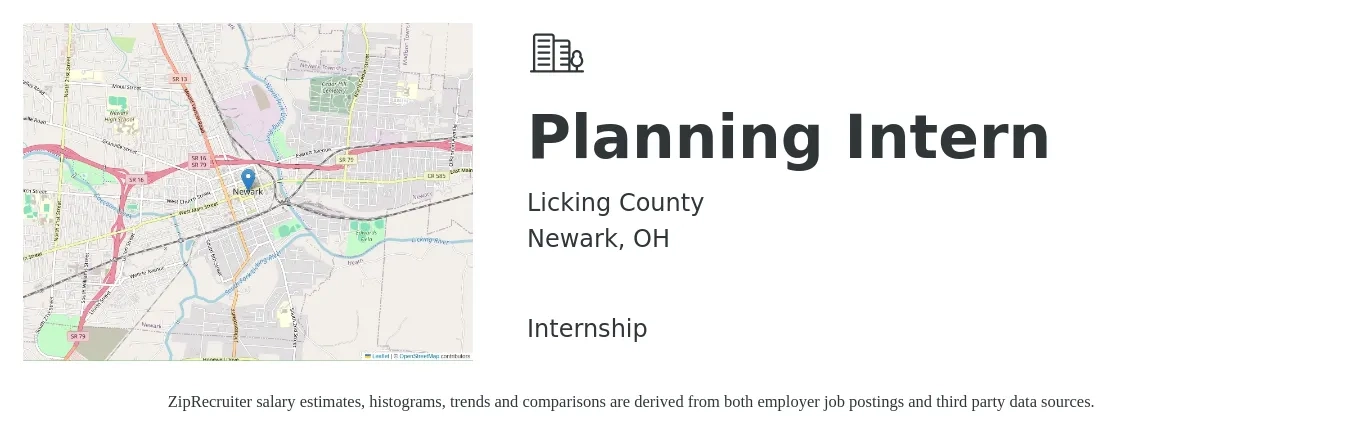 Licking County job posting for a Planning Intern in Newark, OH with a salary of $14 to $18 Hourly with a map of Newark location.