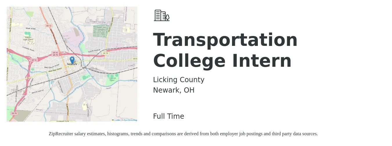 Licking County job posting for a Transportation College Intern in Newark, OH with a salary of $14 to $18 Hourly with a map of Newark location.
