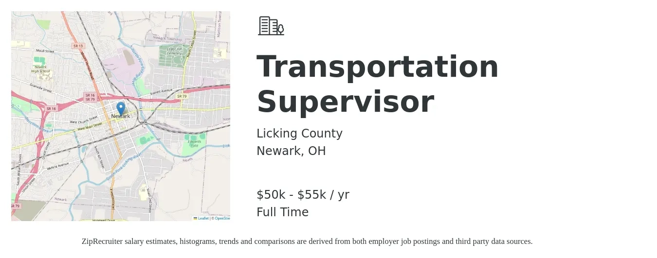 Licking County job posting for a Transportation Supervisor in Newark, OH with a salary of $50,000 to $55,000 Yearly with a map of Newark location.