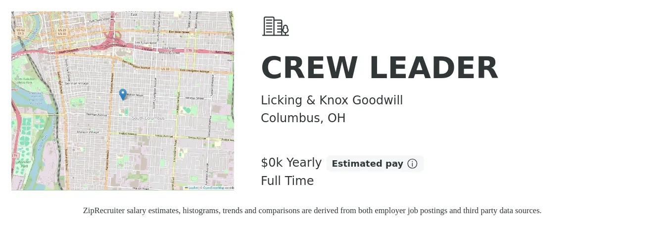 Licking & Knox Goodwill job posting for a CREW LEADER in Columbus, OH with a salary of $18 Hourly with a map of Columbus location.