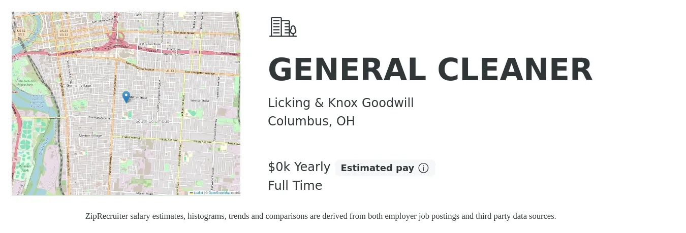 Licking & Knox Goodwill job posting for a GENERAL CLEANER in Columbus, OH with a salary of $17 Hourly with a map of Columbus location.