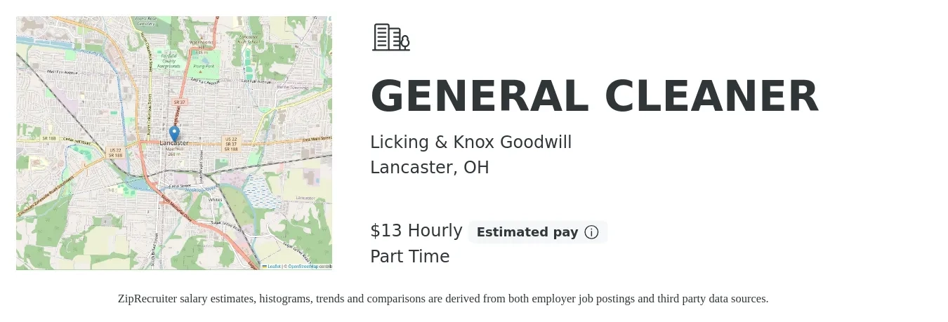 Licking & Knox Goodwill job posting for a GENERAL CLEANER in Lancaster, OH with a salary of $14 Hourly with a map of Lancaster location.