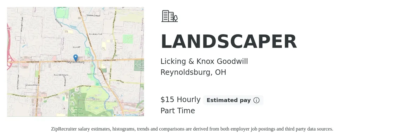 Licking & Knox Goodwill job posting for a LANDSCAPER in Reynoldsburg, OH with a salary of $16 Hourly with a map of Reynoldsburg location.
