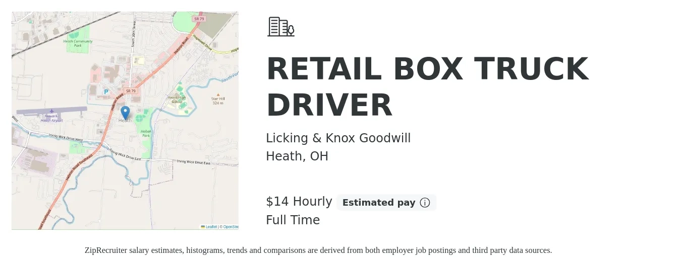 Licking & Knox Goodwill job posting for a RETAIL BOX TRUCK DRIVER in Heath, OH with a salary of $15 Hourly with a map of Heath location.
