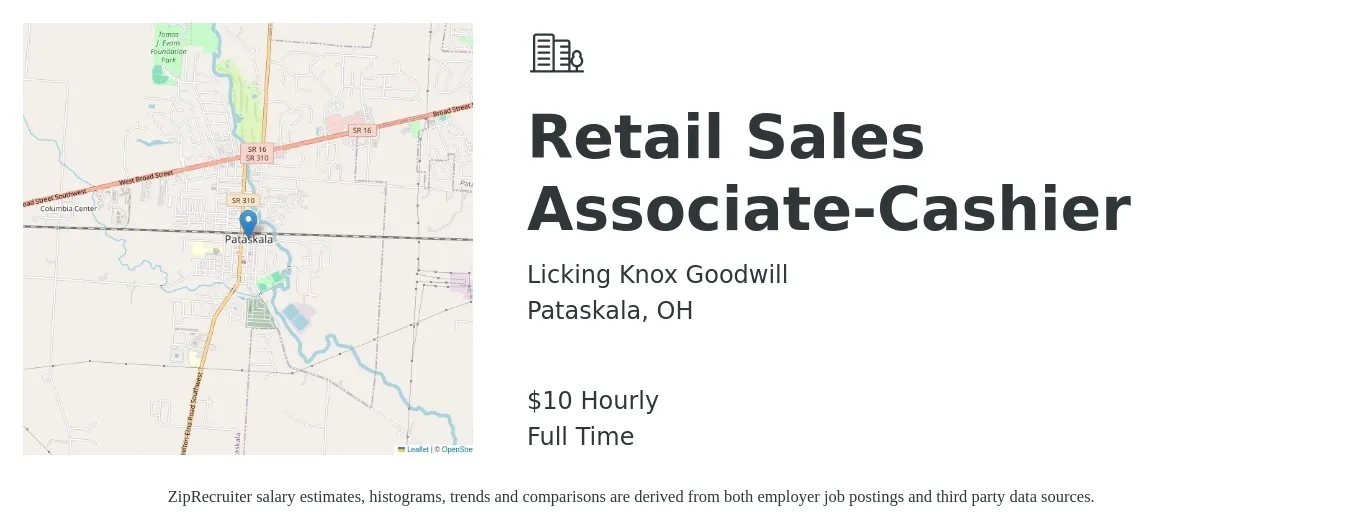 Licking & Knox Goodwill job posting for a Retail Sales Associate-Cashier in Pataskala, OH with a salary of $11 Hourly with a map of Pataskala location.
