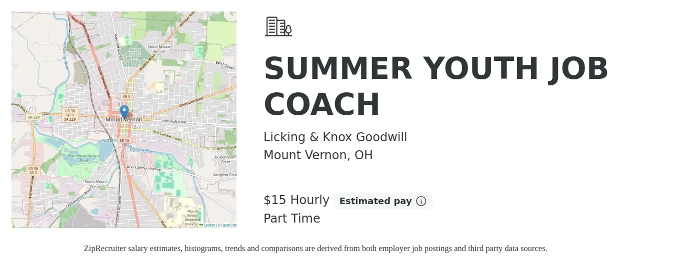 Licking & Knox Goodwill job posting for a SUMMER YOUTH JOB COACH in Mount Vernon, OH with a salary of $16 Hourly with a map of Mount Vernon location.