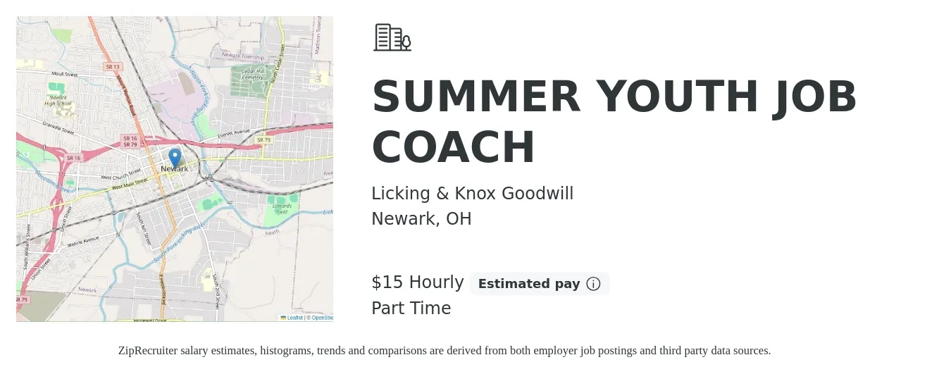 Licking & Knox Goodwill job posting for a SUMMER YOUTH JOB COACH in Newark, OH with a salary of $16 Hourly with a map of Newark location.