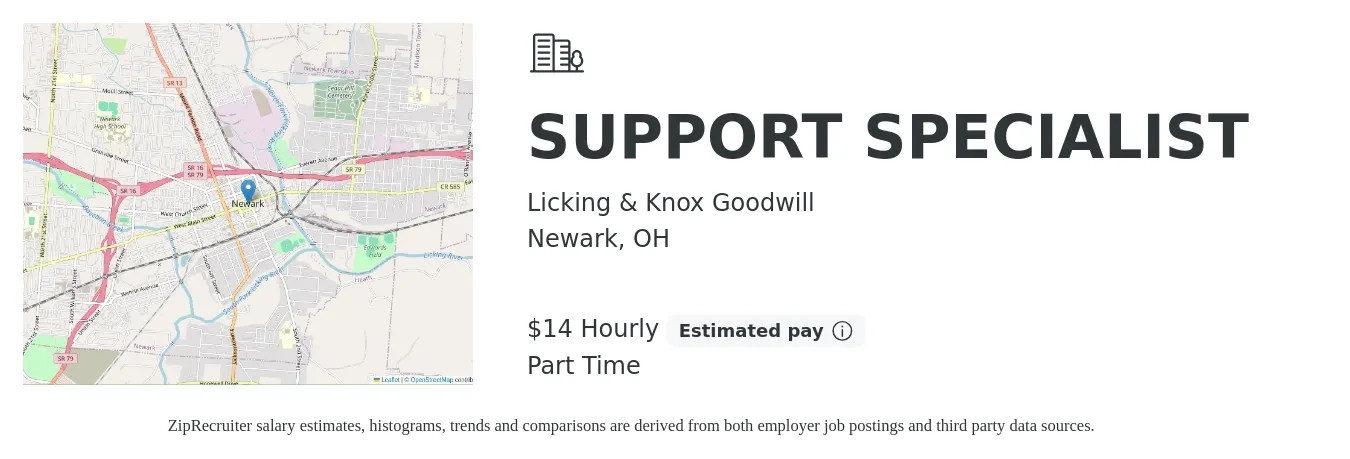 Licking & Knox Goodwill job posting for a SUPPORT SPECIALIST in Newark, OH with a salary of $15 Hourly with a map of Newark location.
