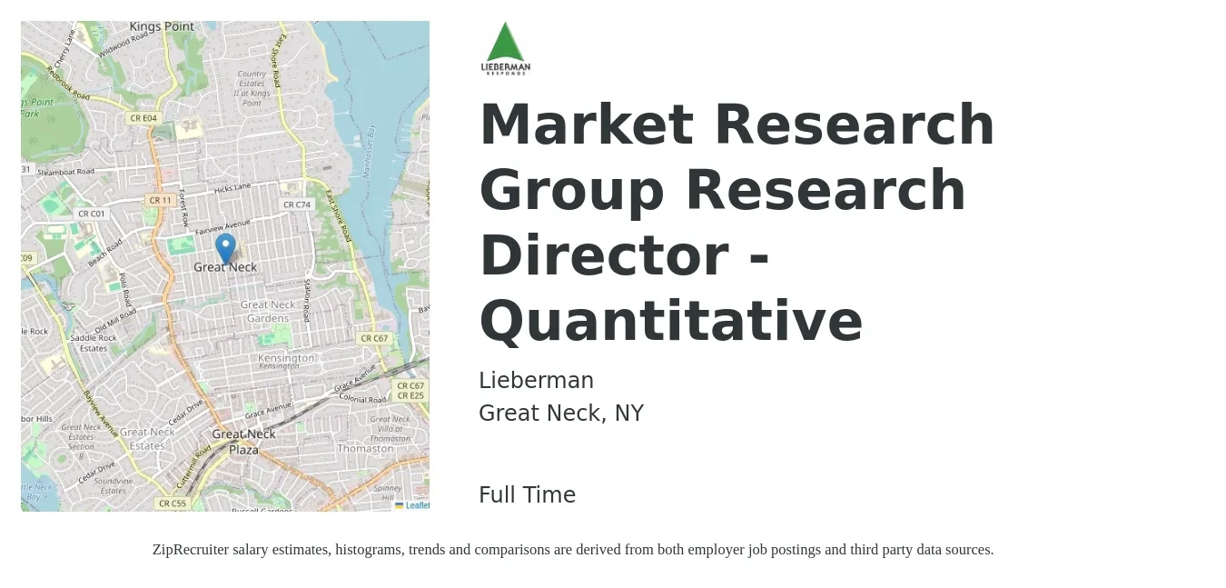 Lieberman job posting for a Market Research Group Research Director - Quantitative in Great Neck, NY with a salary of $99,200 to $111,600 Yearly with a map of Great Neck location.