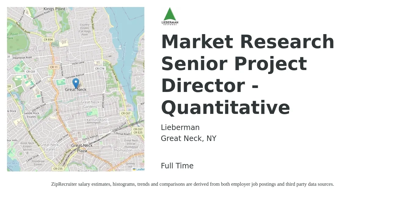 Lieberman job posting for a Market Research Senior Project Director - Quantitative in Great Neck, NY with a salary of $71,500 to $74,800 Yearly with a map of Great Neck location.
