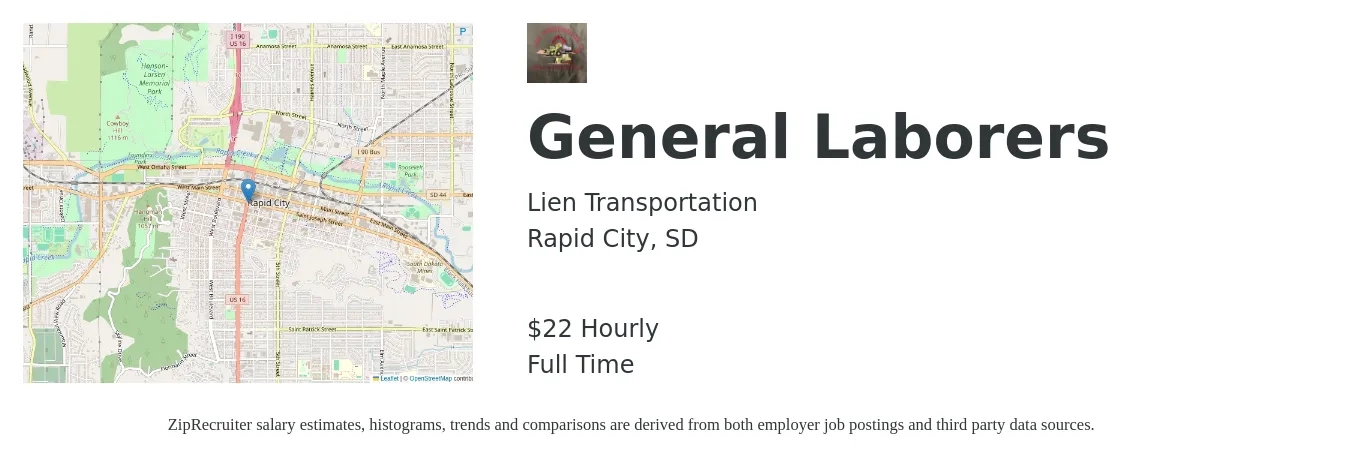 Lien Transportation job posting for a General Laborers in Rapid City, SD with a salary of $23 Hourly with a map of Rapid City location.