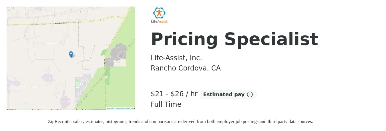 Life-Assist, Inc. job posting for a Pricing Specialist in Rancho Cordova, CA with a salary of $22 Hourly and benefits including dental, life_insurance, medical, retirement, and vision with a map of Rancho Cordova location.