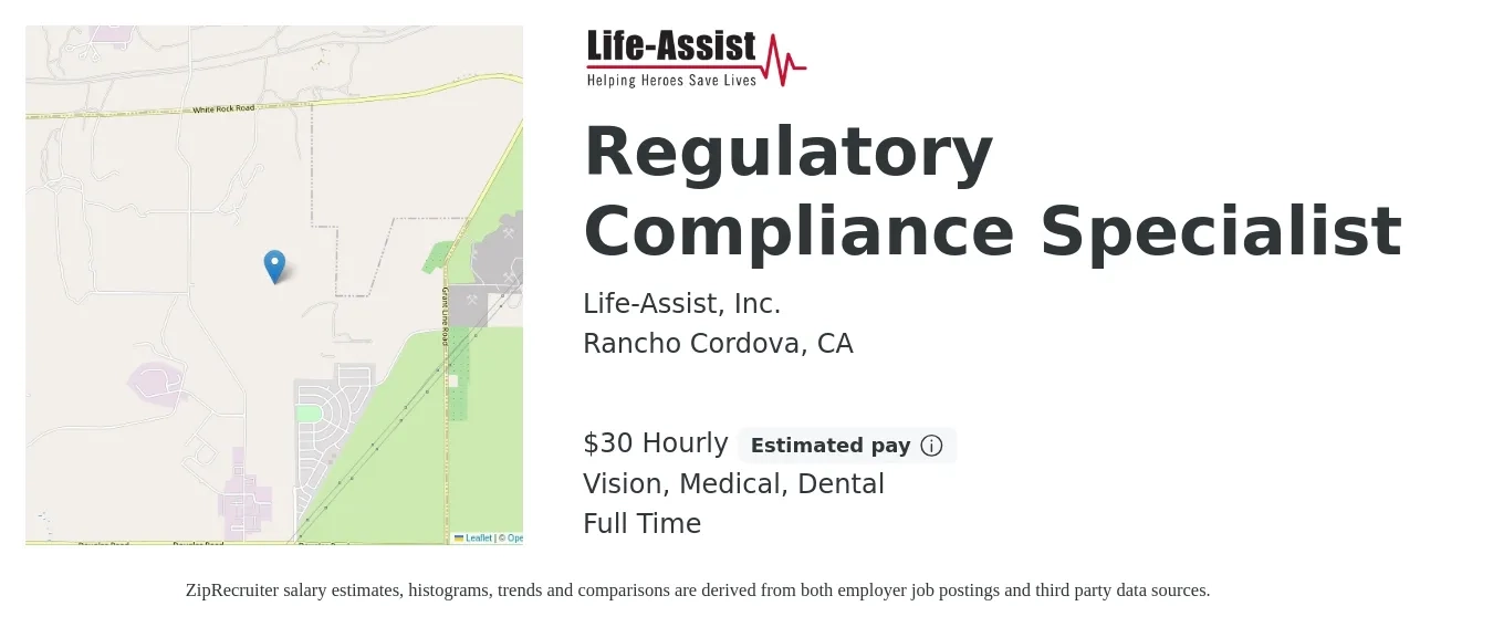 Life-Assist, Inc. job posting for a Regulatory Compliance Specialist in Rancho Cordova, CA with a salary of $32 Hourly and benefits including vision, dental, life_insurance, medical, and retirement with a map of Rancho Cordova location.