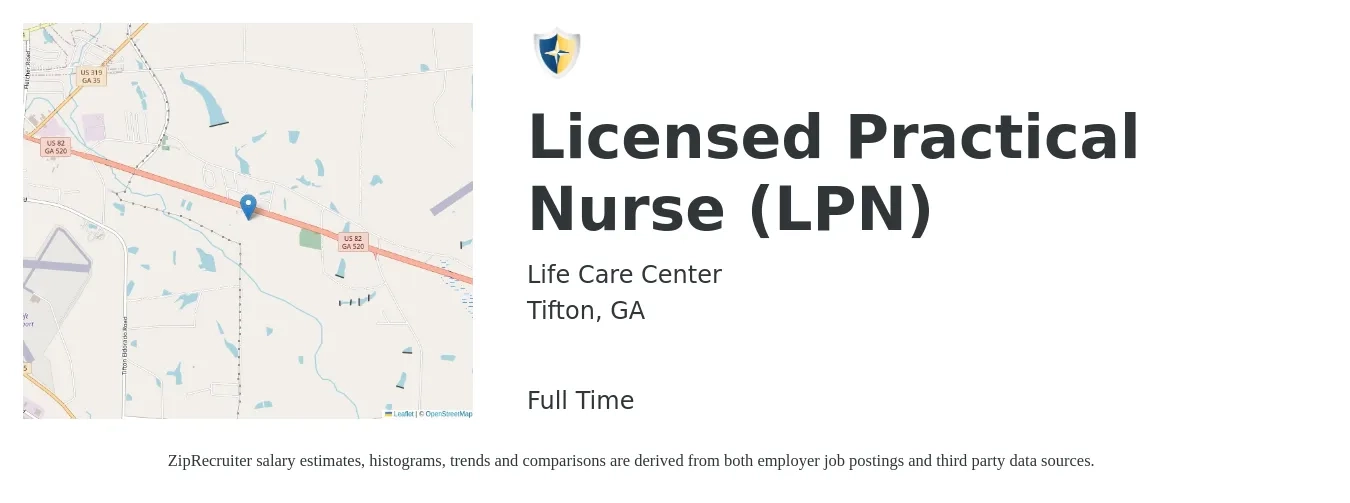 Life Care Center job posting for a Licensed Practical Nurse (LPN) in Tifton, GA with a salary of $21 to $29 Hourly with a map of Tifton location.