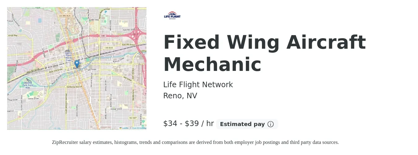 Life Flight Network job posting for a Fixed Wing Aircraft Mechanic in Reno, NV with a salary of $35 to $41 Hourly with a map of Reno location.