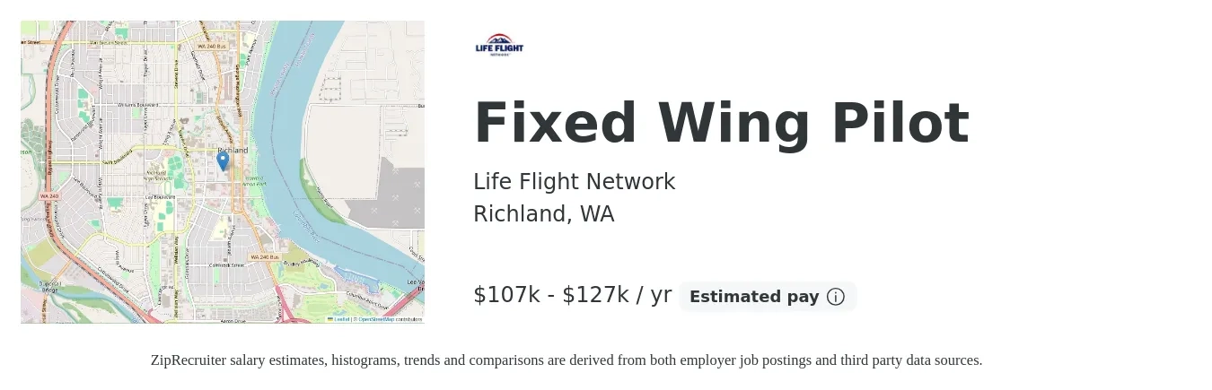 Life Flight Network job posting for a Fixed Wing Pilot in Richland, WA with a salary of $107,824 to $127,393 Yearly with a map of Richland location.