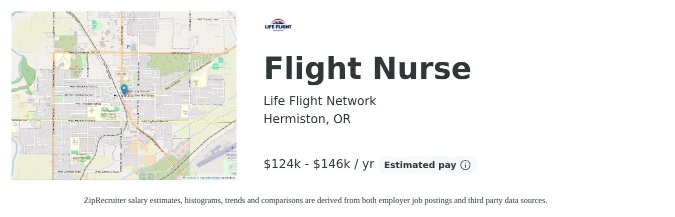 Life Flight Network job posting for a Flight Nurse in Hermiston, OR with a salary of $124,000 to $146,000 Yearly with a map of Hermiston location.