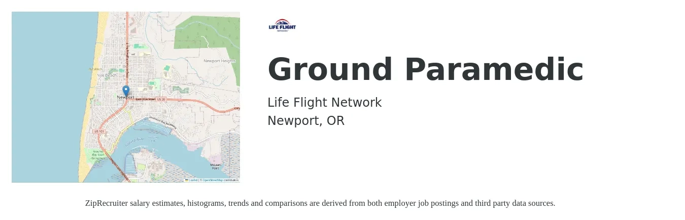 Life Flight Network job posting for a Ground Paramedic in Newport, OR with a salary of $35 to $42 Hourly with a map of Newport location.