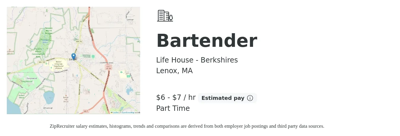 Life House - Berkshires job posting for a Bartender in Lenox, MA with a salary of $7 to $8 Hourly with a map of Lenox location.