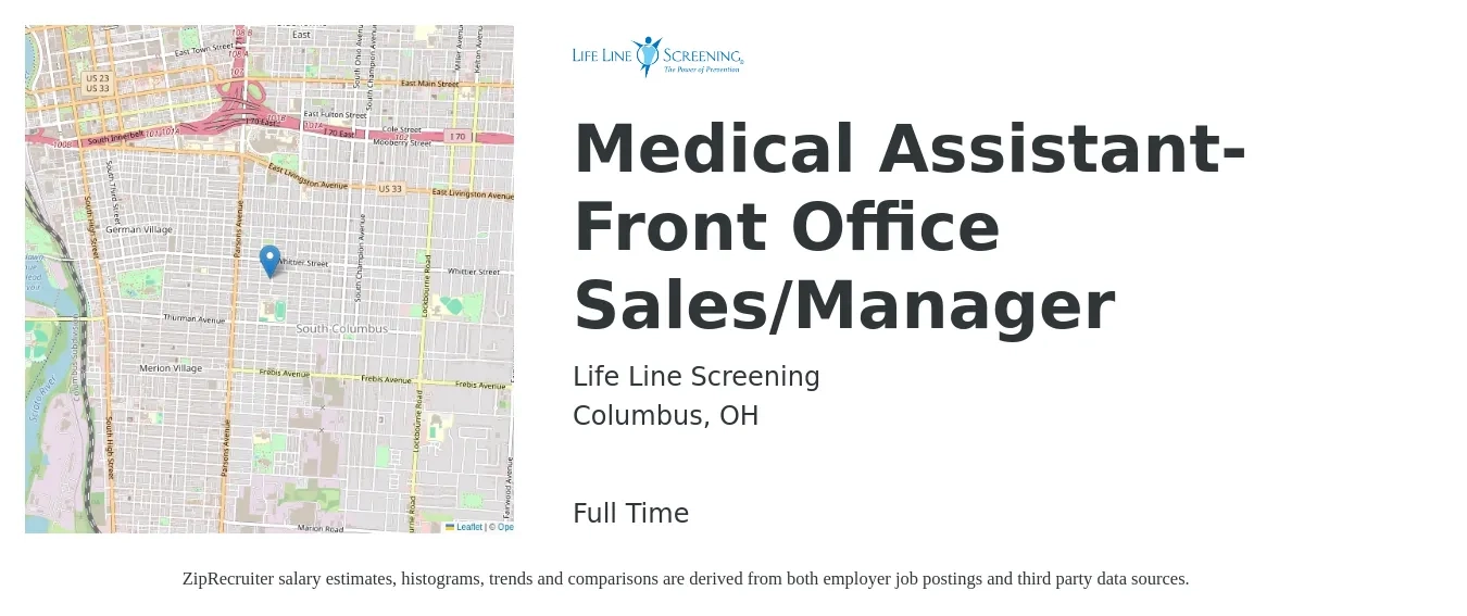 Life Line Screening job posting for a Medical Assistant-Front Office Sales/Manager in Columbus, OH with a salary of $500 Weekly with a map of Columbus location.