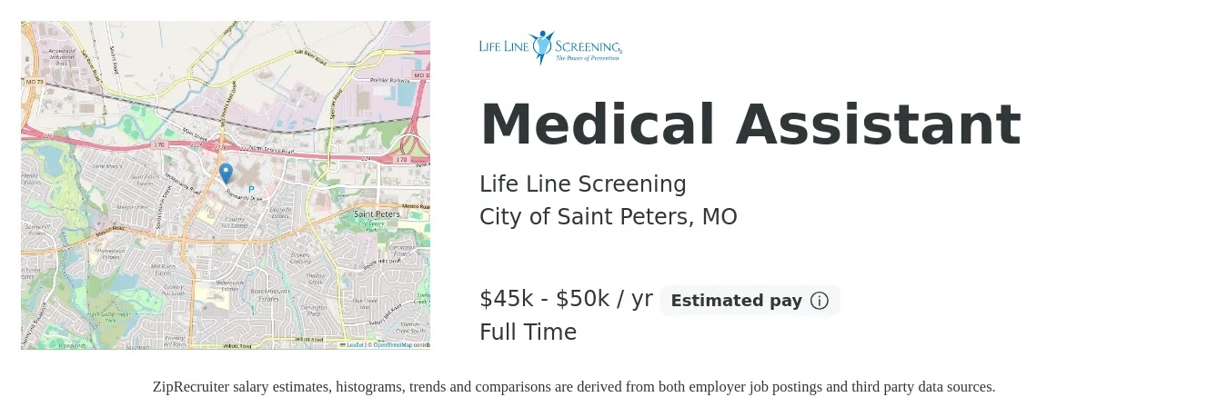 Life Line Screening job posting for a Medical Assistant in City of Saint Peters, MO with a salary of $45,000 to $50,000 Yearly with a map of City of Saint Peters location.